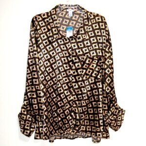 Rue 21 Women's Brown & Tan Geometric Print Long Sleeve Button Up Top – Size: 4X